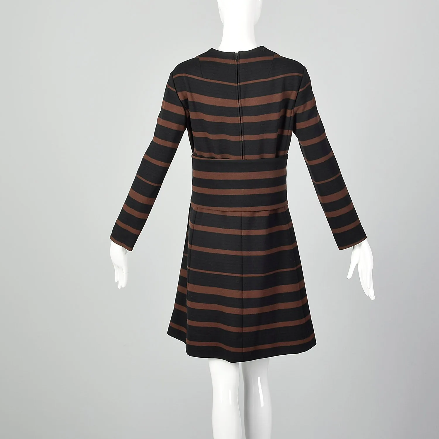 Large 1960s Wool Knit Two Piece Set Dress Jacket Cumberbund Ensemble Brown Black Horizontal Stripe