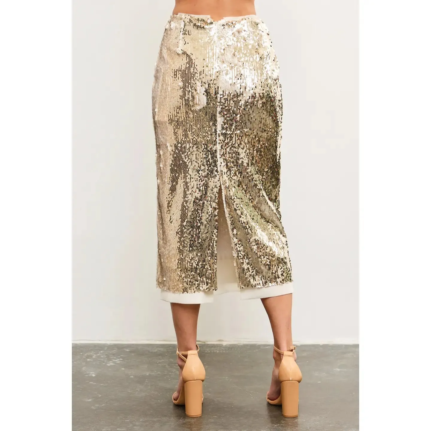 Layered Mesh Back Slit Sequin Midi Skirt