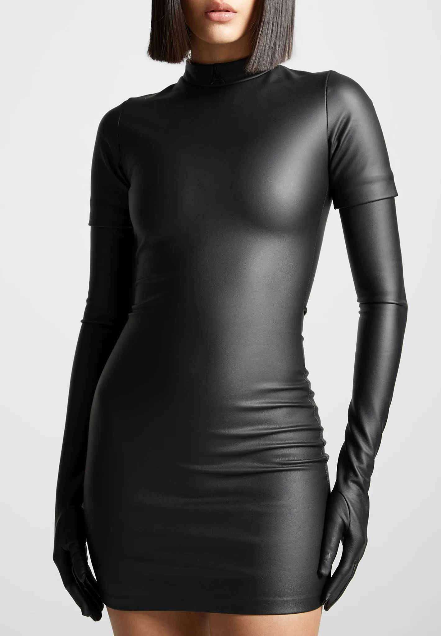 Leather Bodycon Dress with Gloves - Black