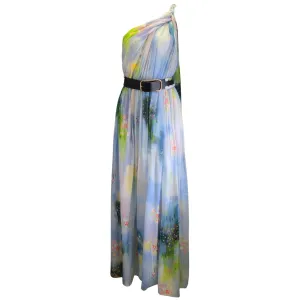 Leo Lin Blue / Green Multi Willow Print Adriana One Shoulder Maxi Dress