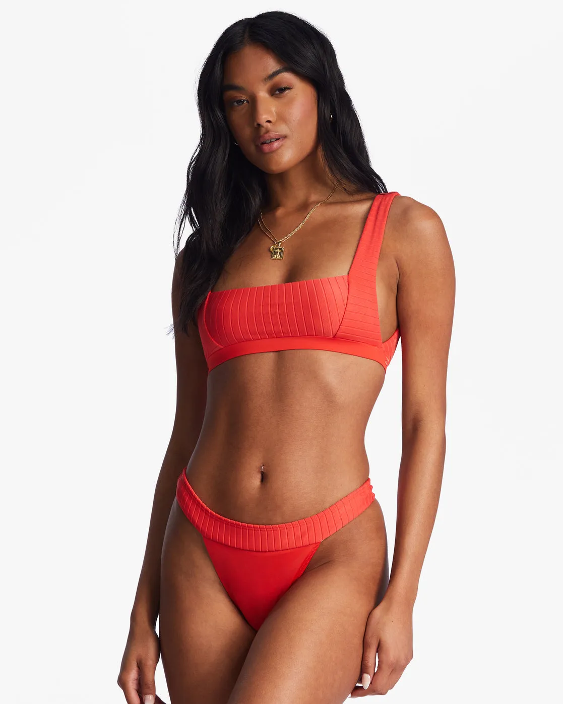 Lined Up Banded Hike Bikini Bottoms - Bright Poppy