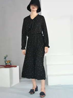 Long Sleeve Solid Black Chiffon Dot Loose Big Size Dress