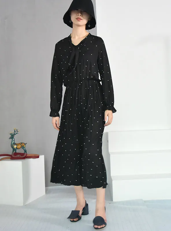 Long Sleeve Solid Black Chiffon Dot Loose Big Size Dress