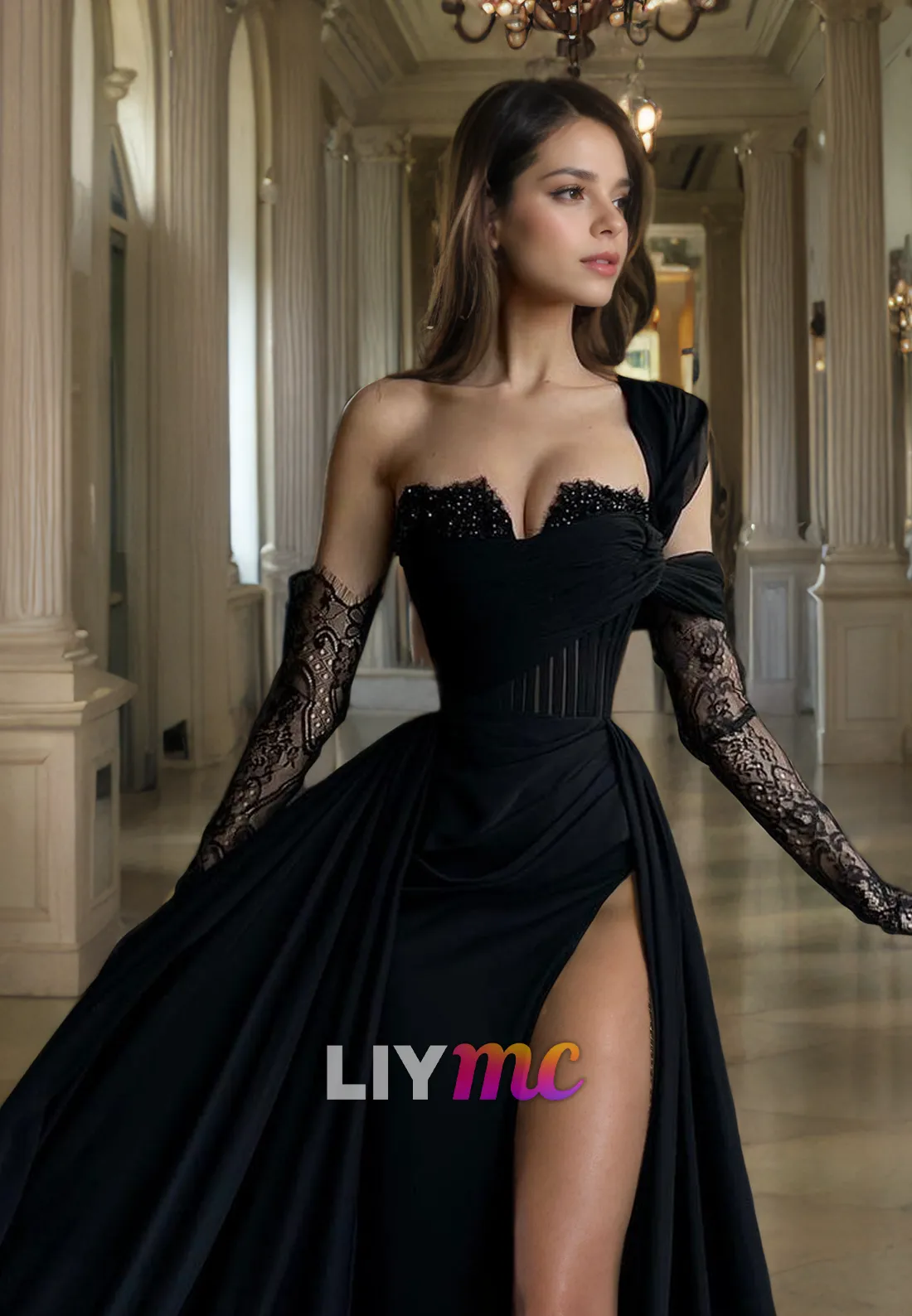 LP316 - A-Line One Shoulder Beaded Lace Chiffon Long Prom Evening Dress with Gloves