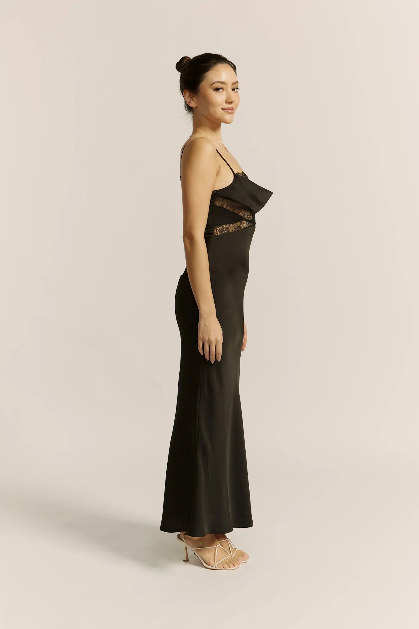 Lyna Black Satin Cowl Neck Maxi Dress