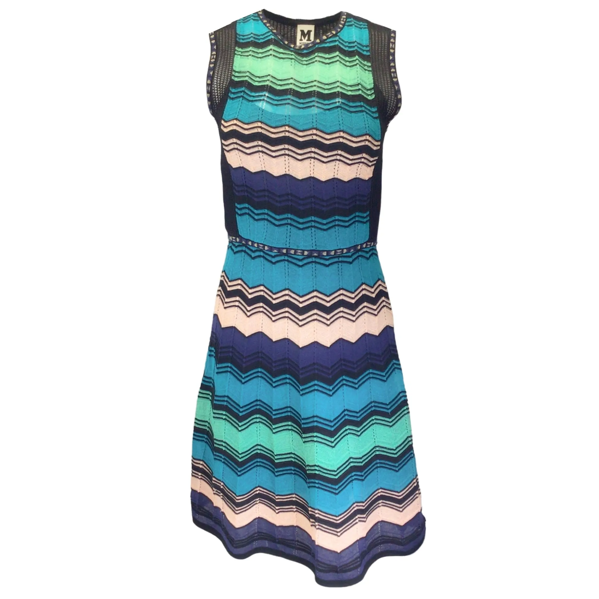 M Missoni Black / Teal Multi Zig Zag Knit Sleeveless Dress