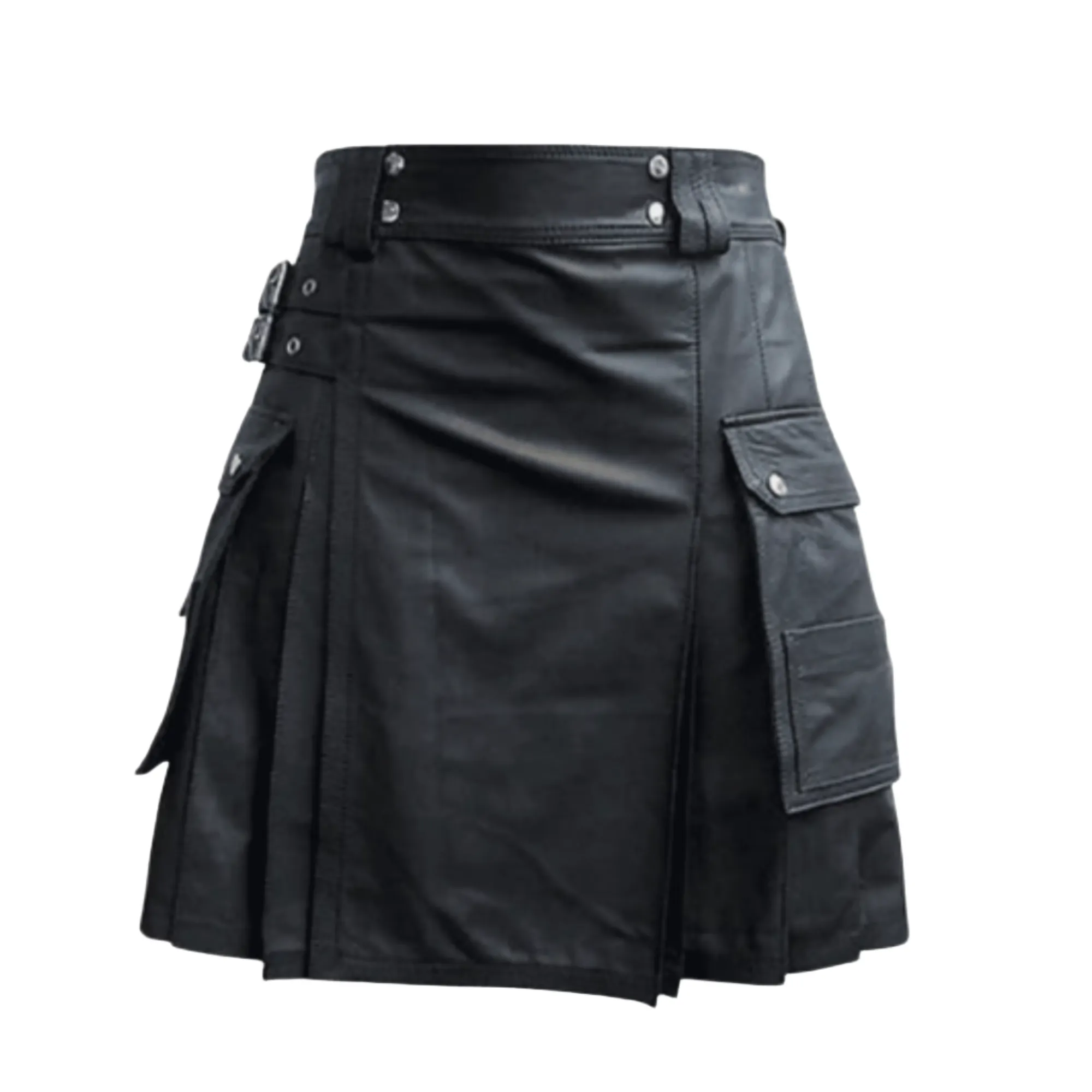 Mens Black Leather Kilts with Cargo Pockets