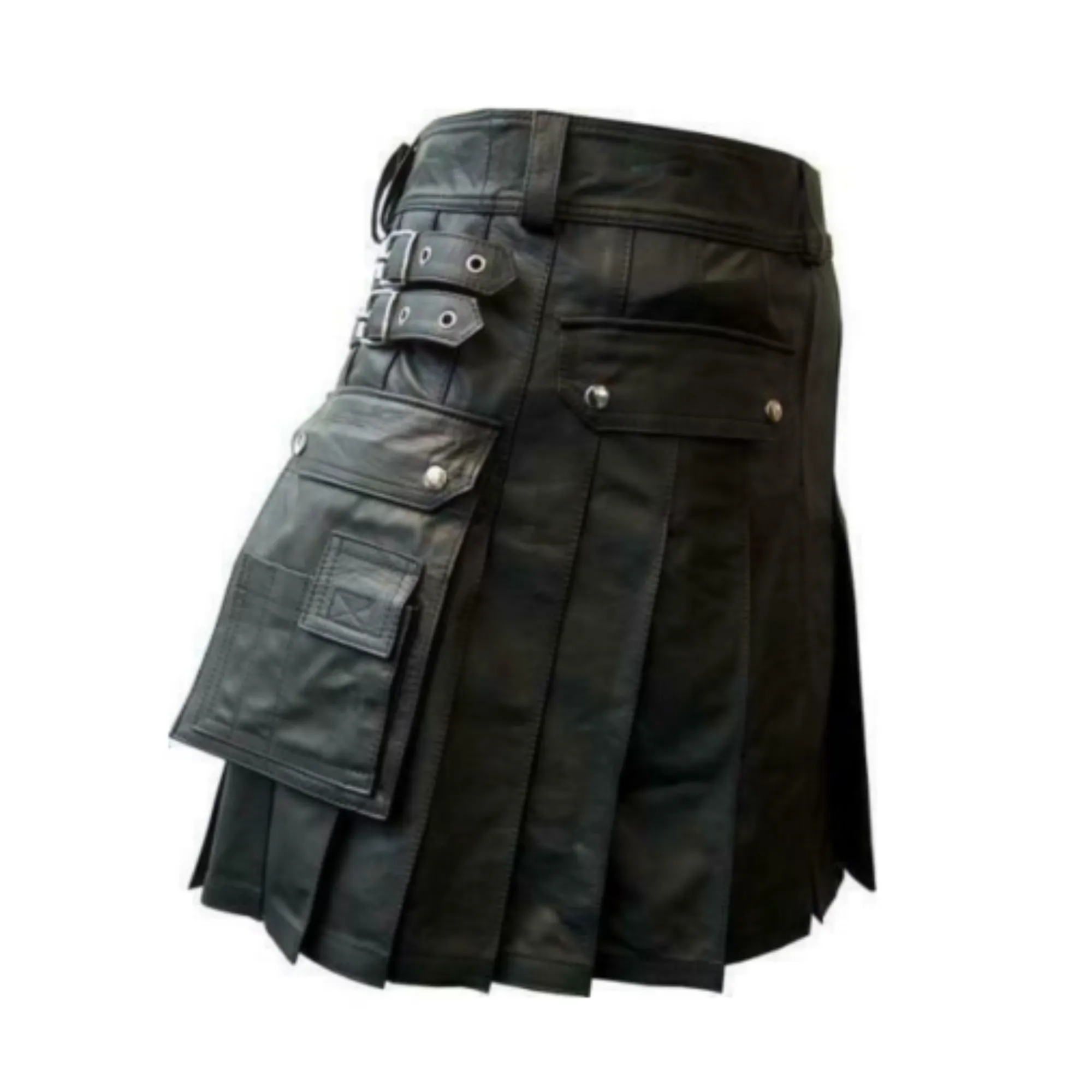 Mens Black Leather Kilts with Cargo Pockets