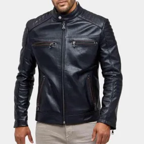 Mens Black Quilted Shoulder Leather Jacket