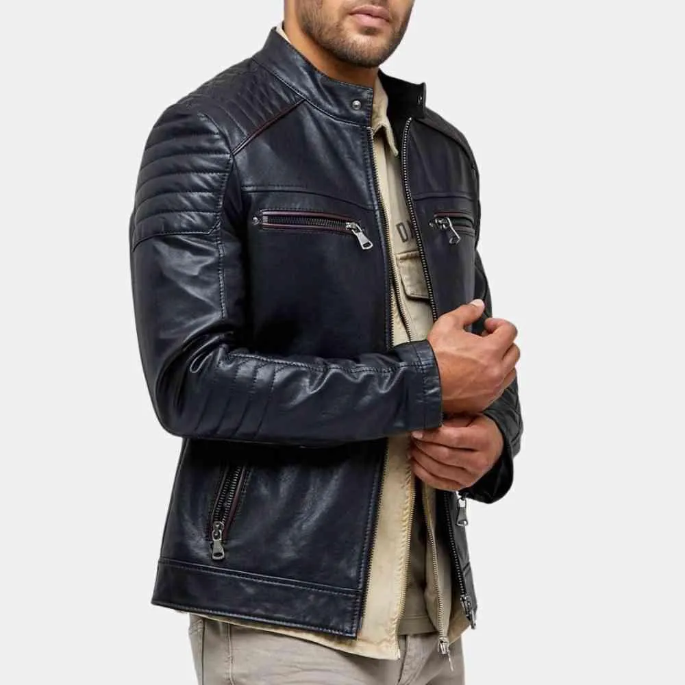 Mens Black Quilted Shoulder Leather Jacket