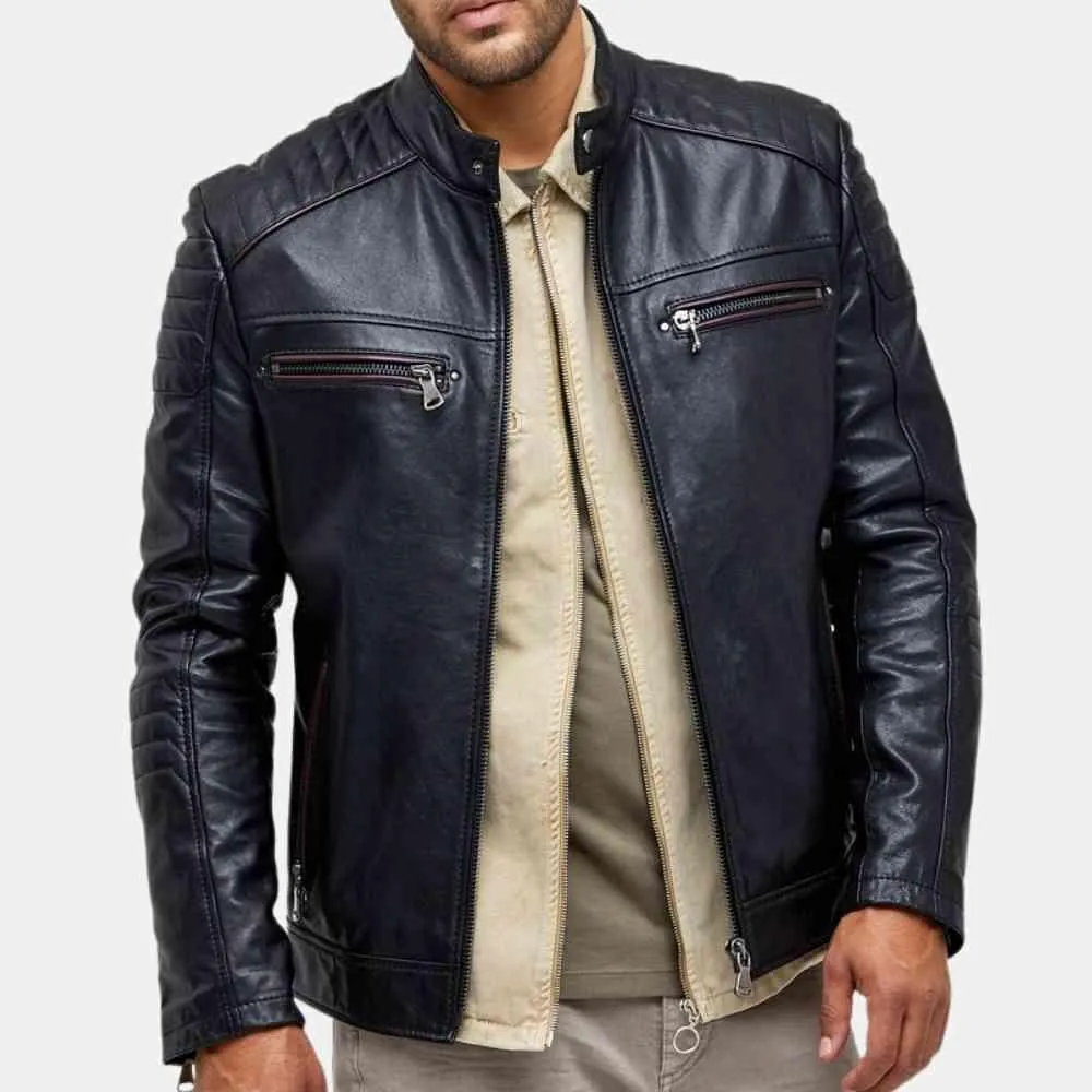 Mens Black Quilted Shoulder Leather Jacket