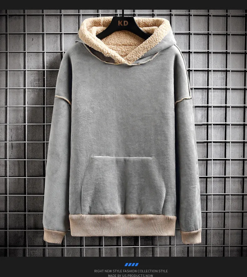 Men's Hooded Drawstring Pocket Lamb Wool Sweatshirt Velvet Padded Thickened Coat