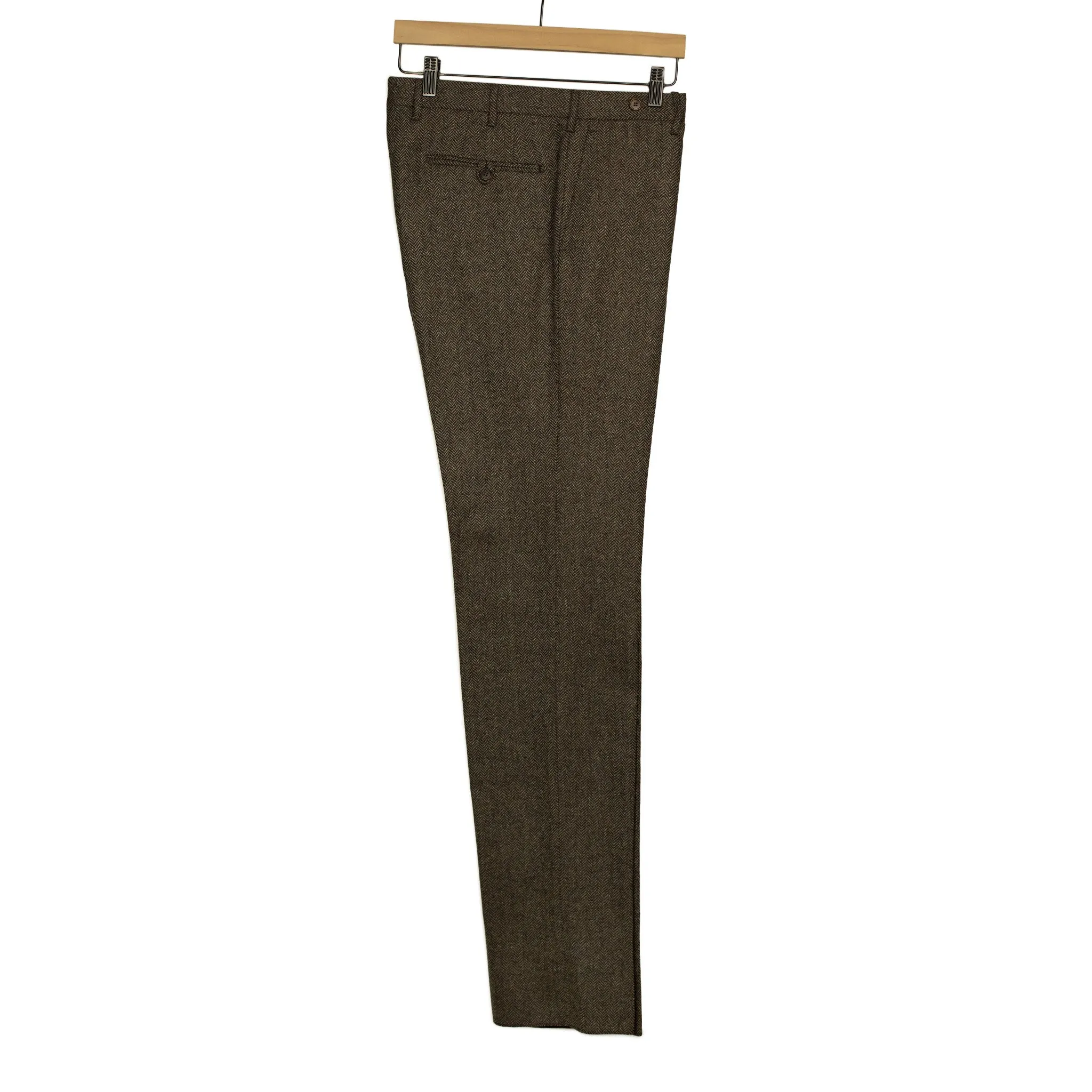 Mid-rise belt loop trousers in brown tweed-like herringbone wool cashmere (restock)