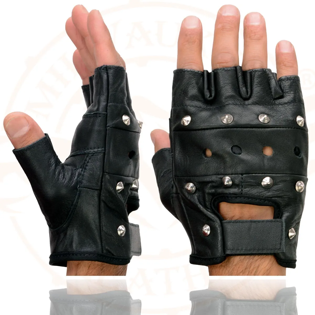 Milwaukee Leather SH211 Men's Black Leather Gel Padded Palm Fingerless Motorcycle Hand Gloves W/ ‘Open Knuckle’ & Detailing