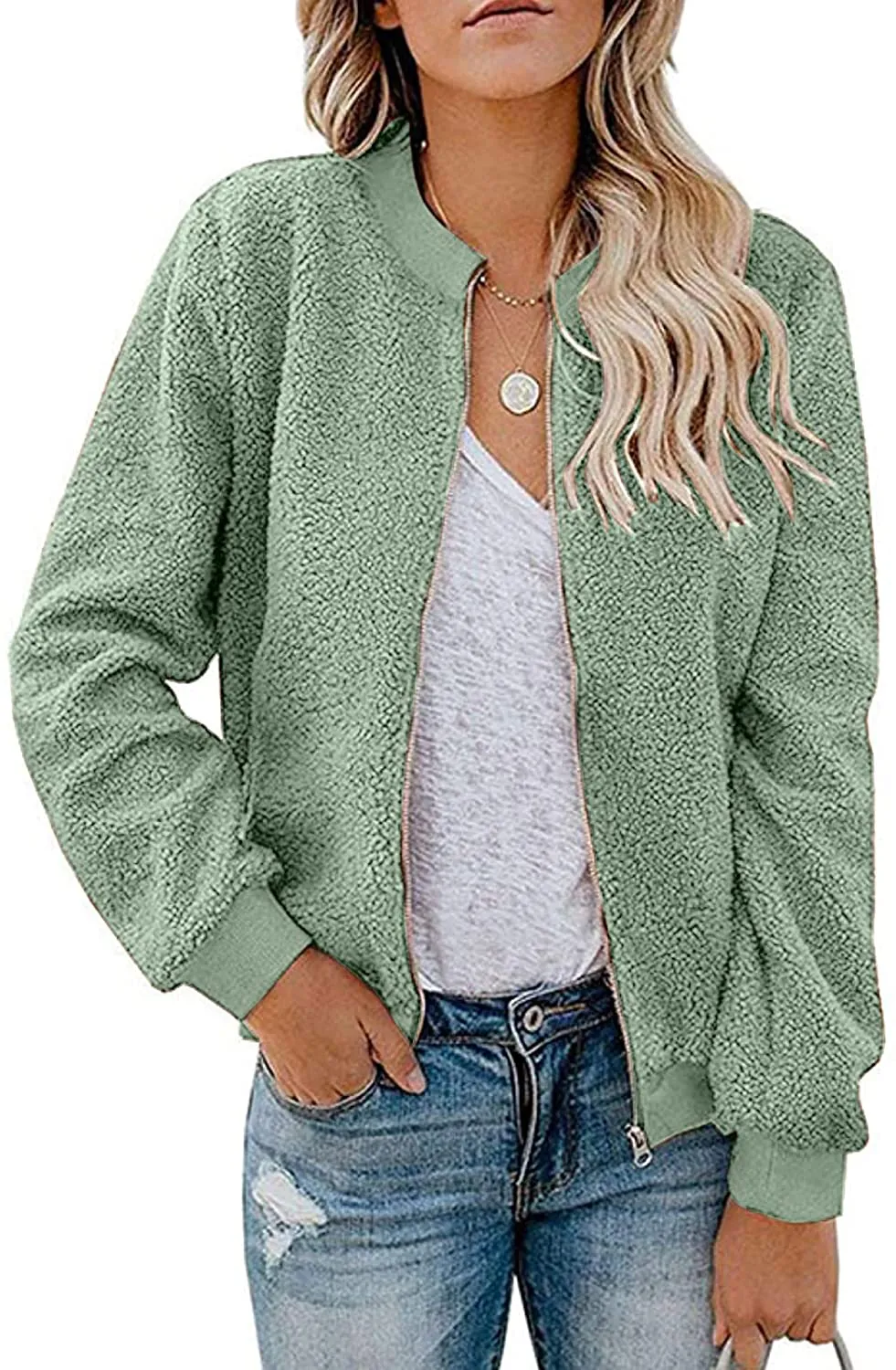 MIROL Women's Sherpa Fleece Jacket Faux Fuzzy Long Sleeve Casual Zip Up Bomber Coat