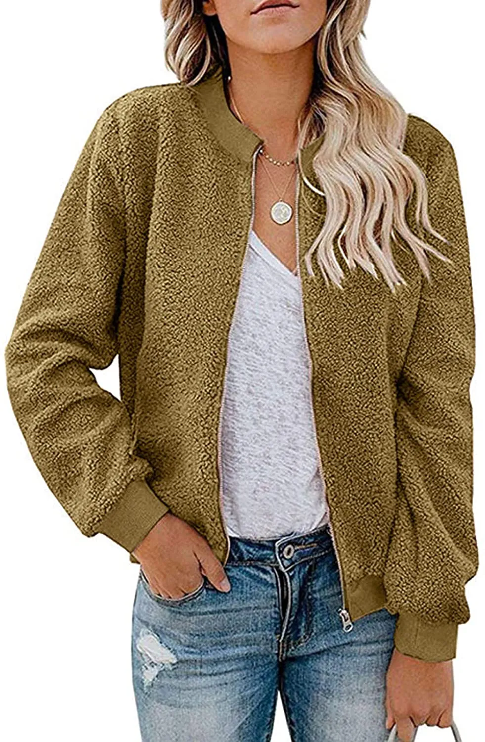 MIROL Women's Sherpa Fleece Jacket Faux Fuzzy Long Sleeve Casual Zip Up Bomber Coat