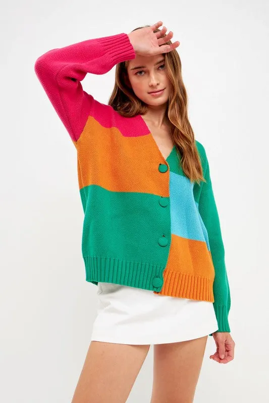 Multi Abstract Color Block Cardigan