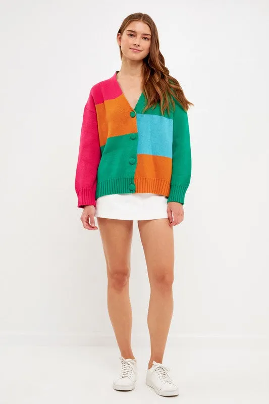 Multi Abstract Color Block Cardigan