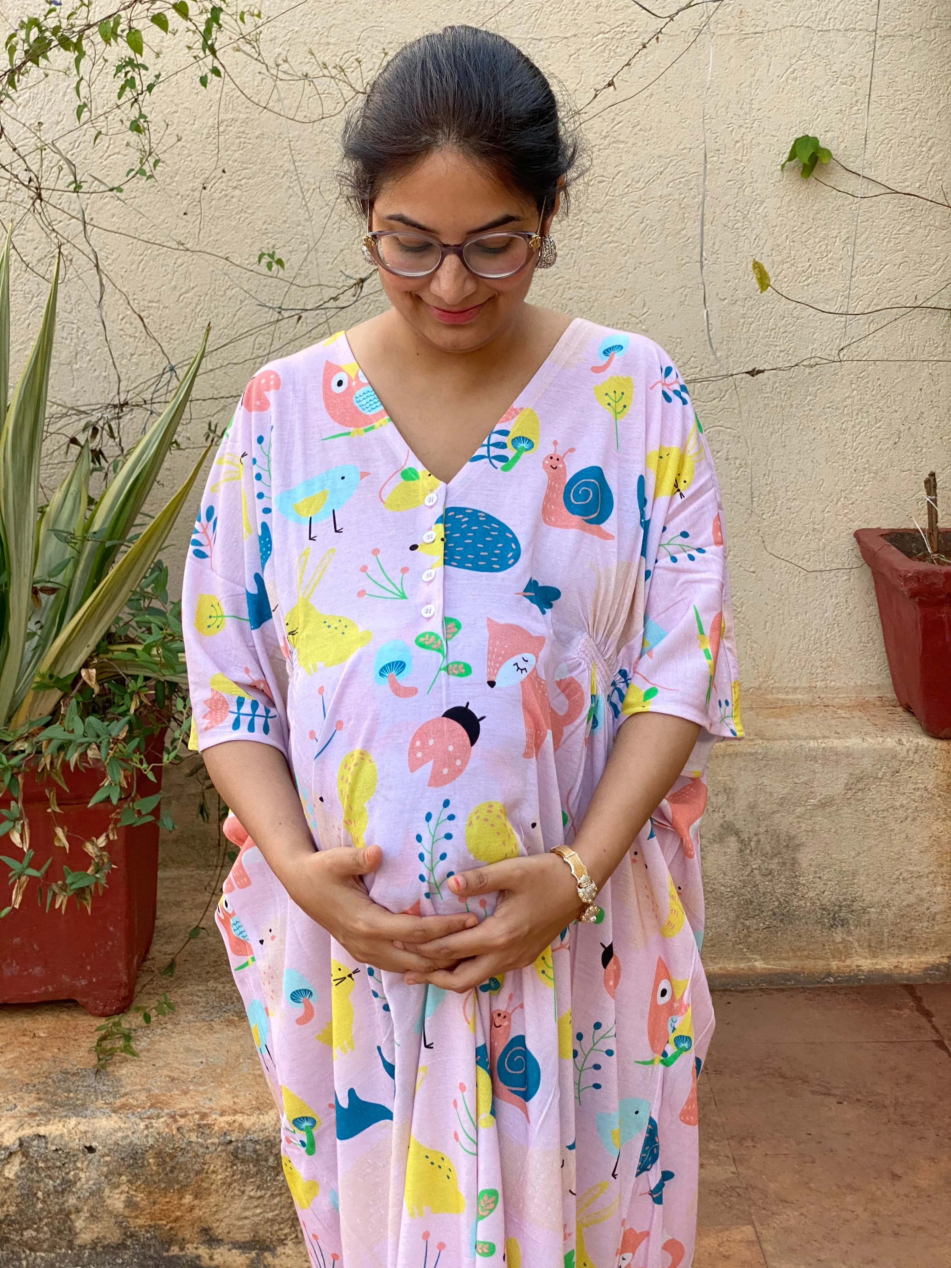 My Baby Zoo in Pink Maternity "Stunningly Simple" Style Caftan | Soft Jersey Knit Organic Cotton | Maternity House Dress