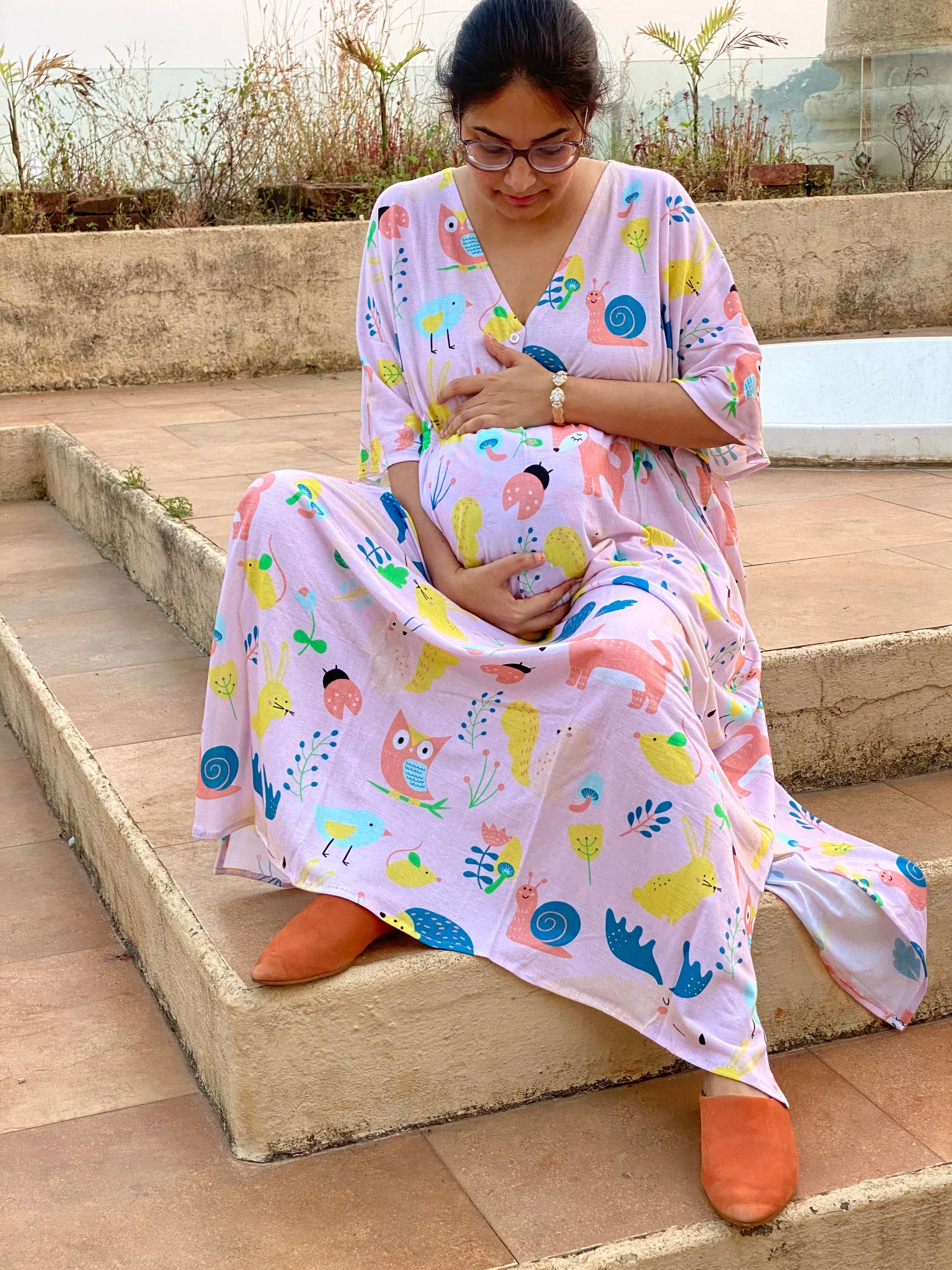 My Baby Zoo in Pink Maternity "Stunningly Simple" Style Caftan | Soft Jersey Knit Organic Cotton | Maternity House Dress