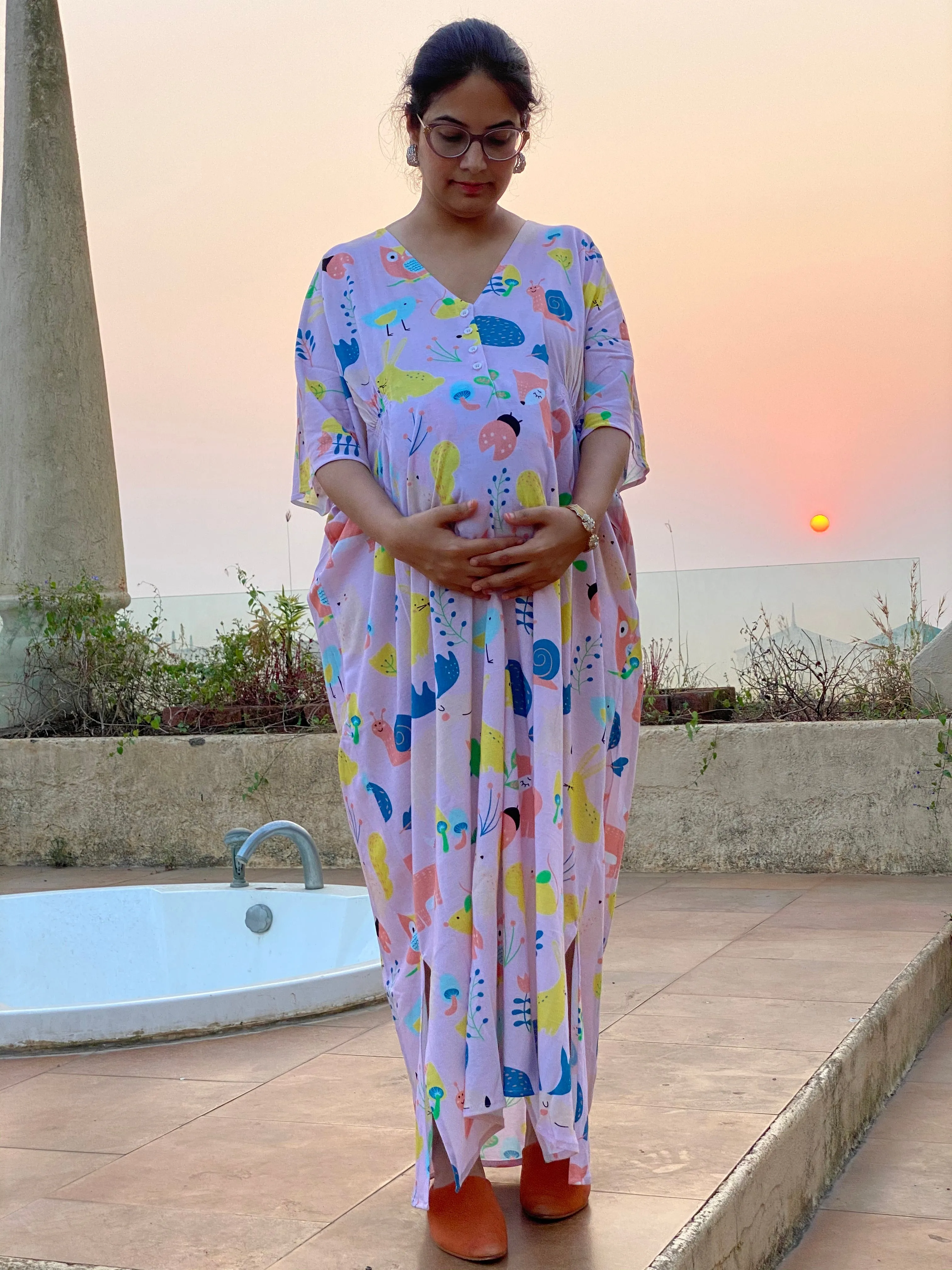 My Baby Zoo in Pink Maternity "Stunningly Simple" Style Caftan | Soft Jersey Knit Organic Cotton | Maternity House Dress