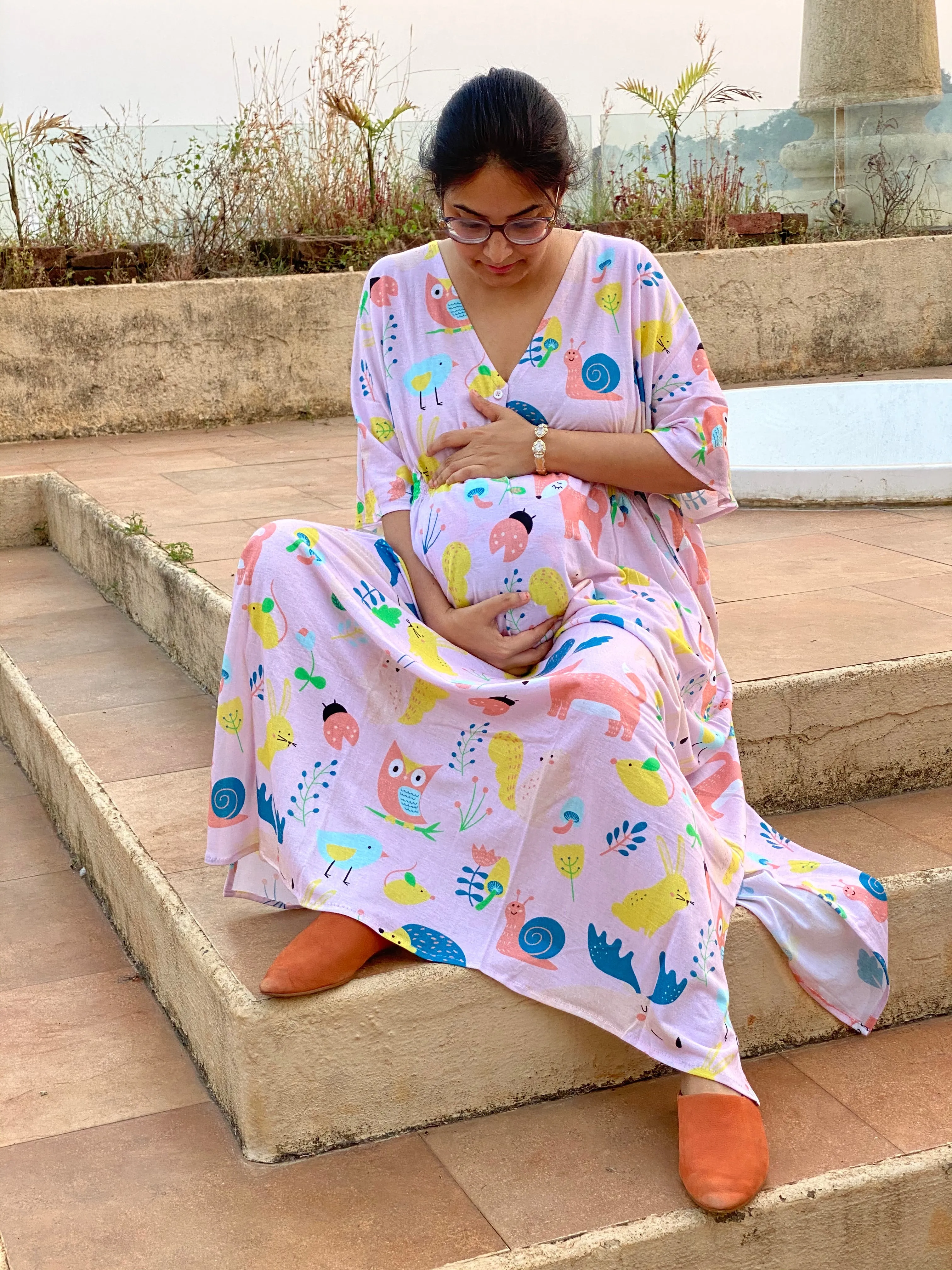 My Baby Zoo in Pink Maternity "Stunningly Simple" Style Caftan | Soft Jersey Knit Organic Cotton | Maternity House Dress