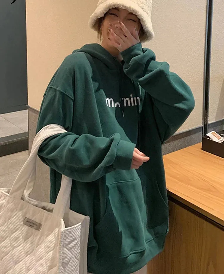 Navy Blue Green Hooded Pullover Autumn Letter Female Sweatshirt Women's Hoodies Loose Casual Harajuku Top Thin Coat M-XL