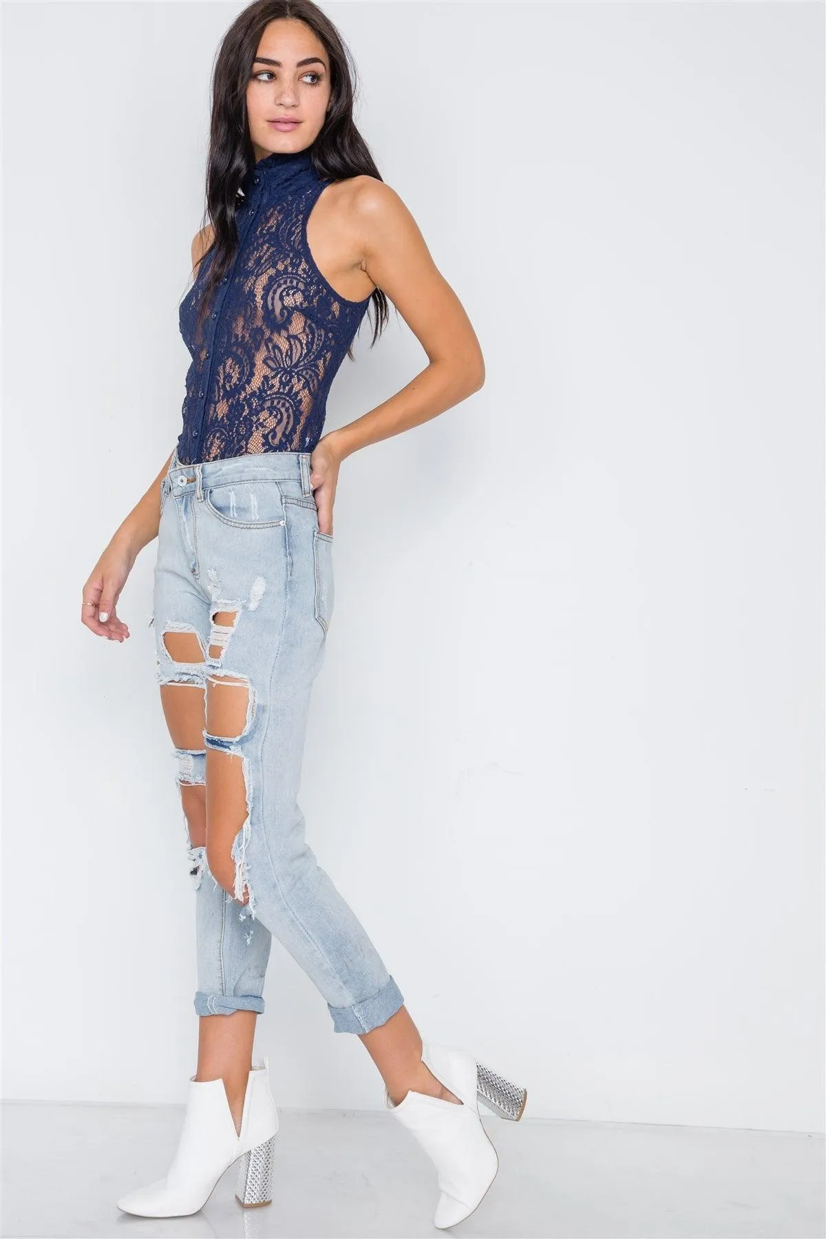 Navy Blue Mock-Neck Sheer Button Down Lace Top