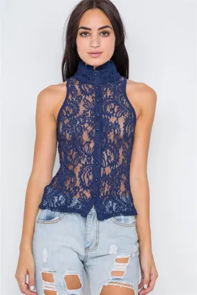 Navy Blue Mock-Neck Sheer Button Down Lace Top