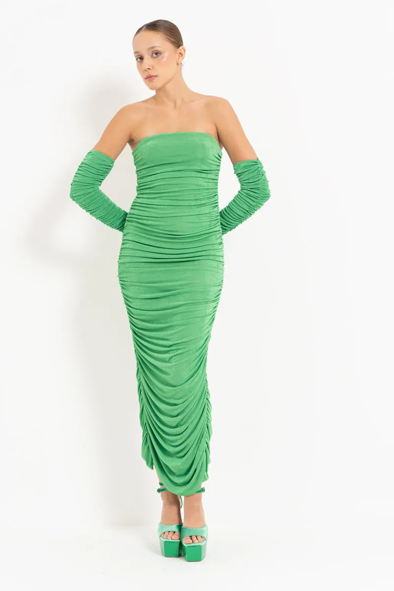 New Women's Ruched Sleeveless Bodycon Midi Maxi Dress With Gloves