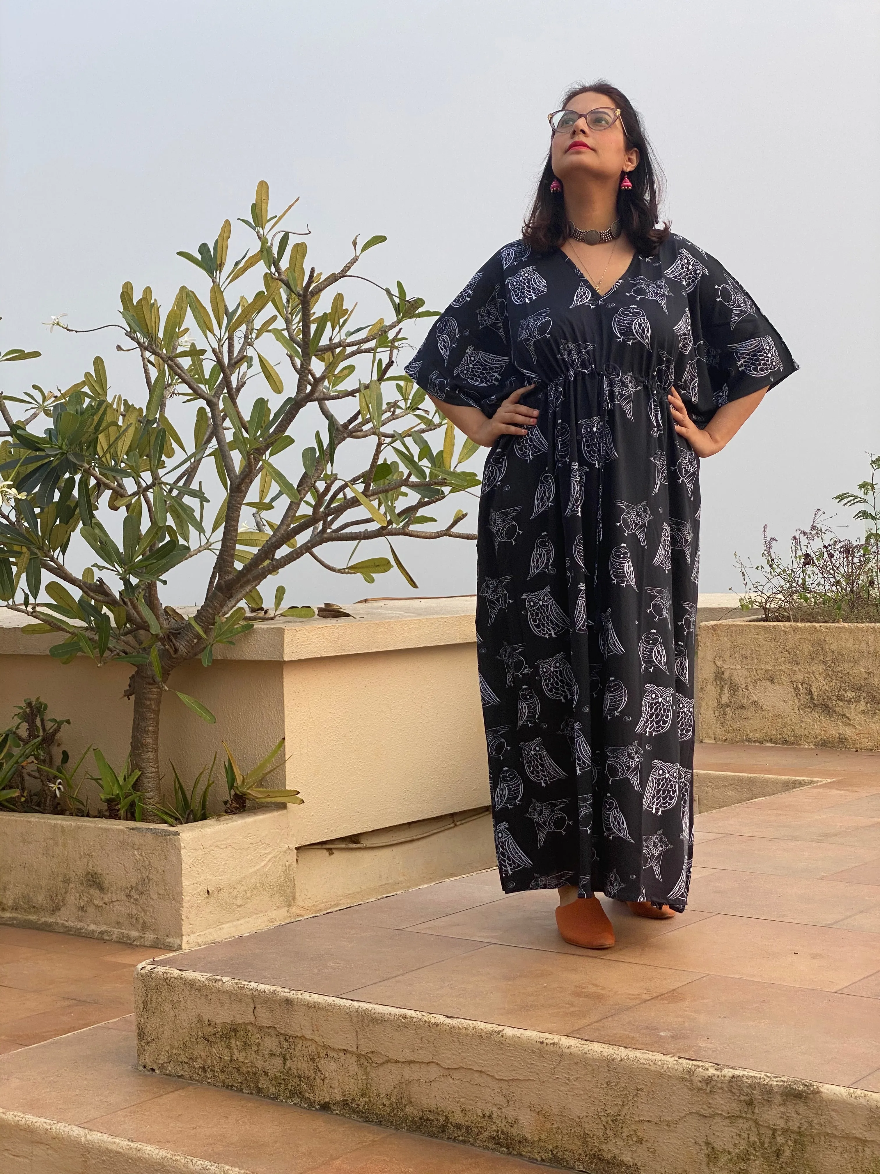 Owling Away in Black "Timeless" Style Kaftan | Soft Jersey Knit Organic Cotton | Perfect Loungewear House Dress