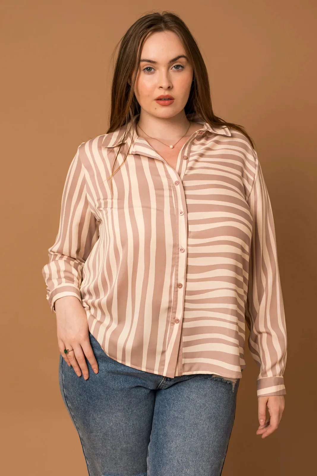 Plus Size Button Down Striped Satin Shirt