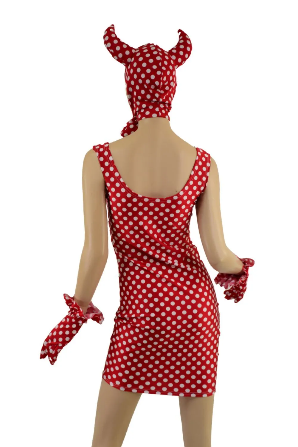 Polka Dot Devil Bonnet, Ruffle Gloves, and Bodycon Tank Dress Set