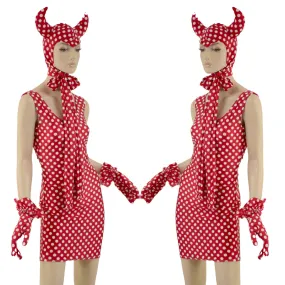 Polka Dot Devil Bonnet, Ruffle Gloves, and Bodycon Tank Dress Set