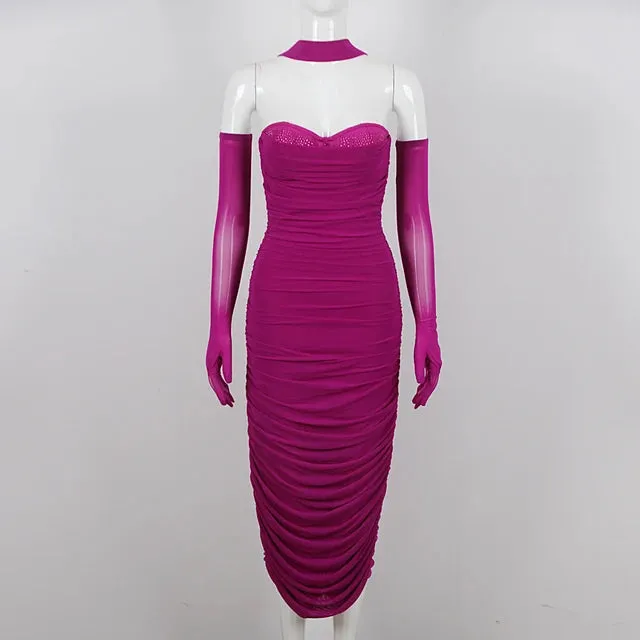 Pre Order:  Solid Pleated Mesh Bandage Dress with Gloves