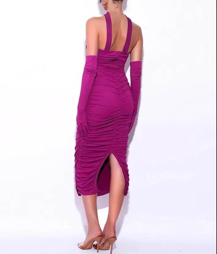 Pre Order:  Solid Pleated Mesh Bandage Dress with Gloves