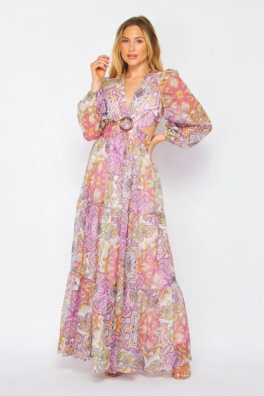 Presley Paisley Print Long Sleeve V-Neck Maxi Dress