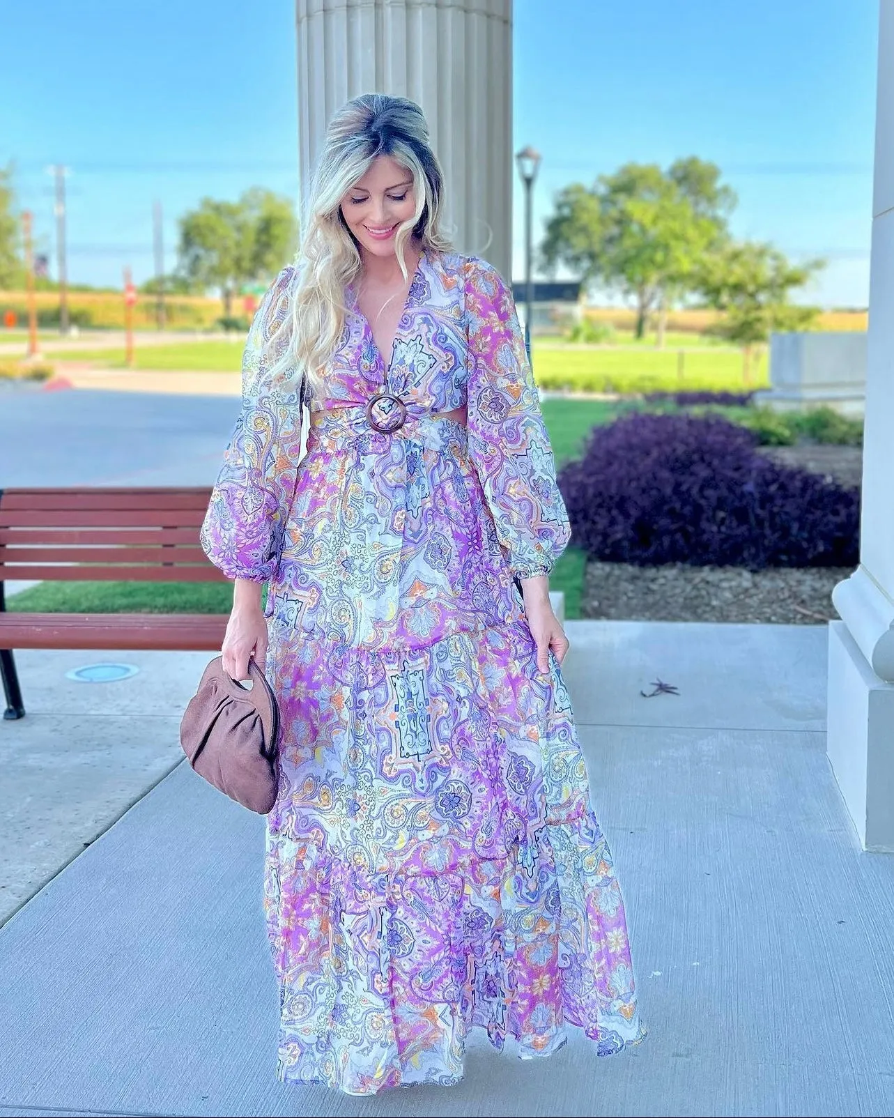 Presley Paisley Print Long Sleeve V-Neck Maxi Dress