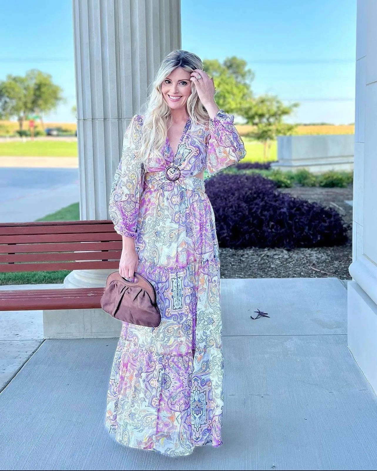 Presley Paisley Print Long Sleeve V-Neck Maxi Dress