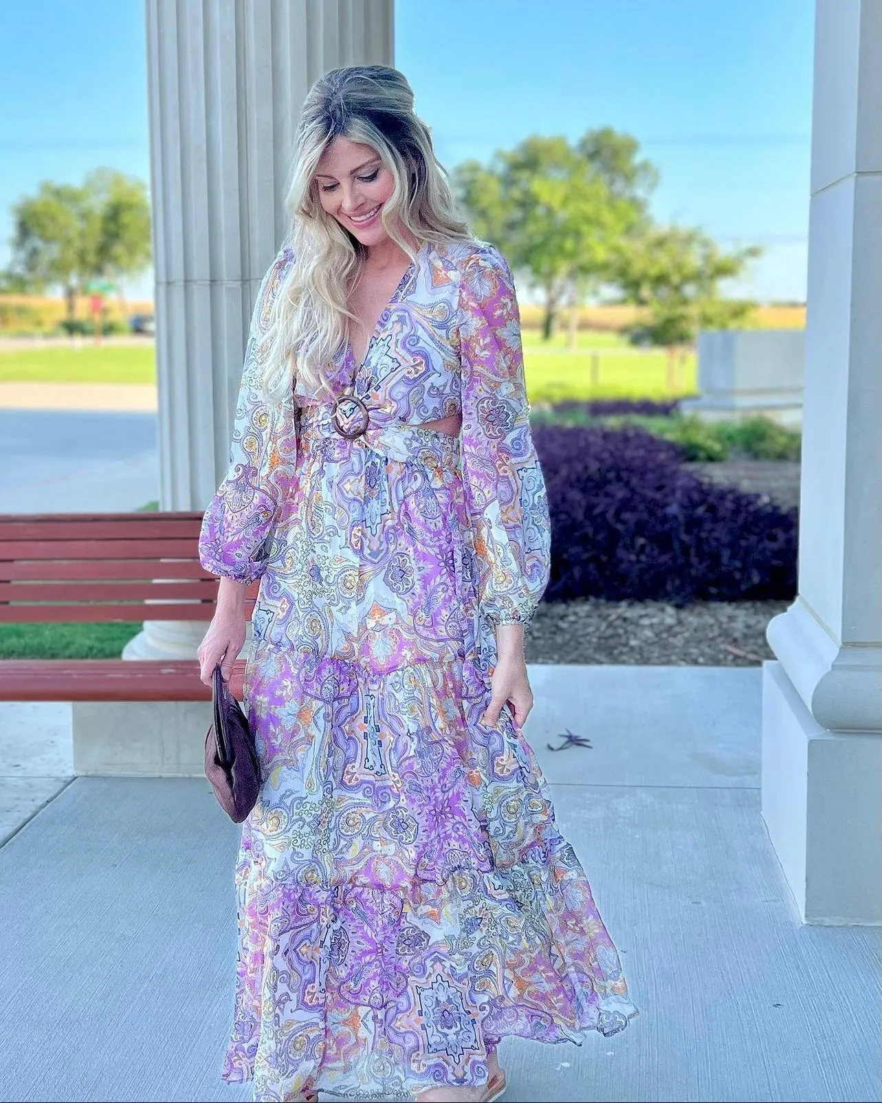 Presley Paisley Print Long Sleeve V-Neck Maxi Dress