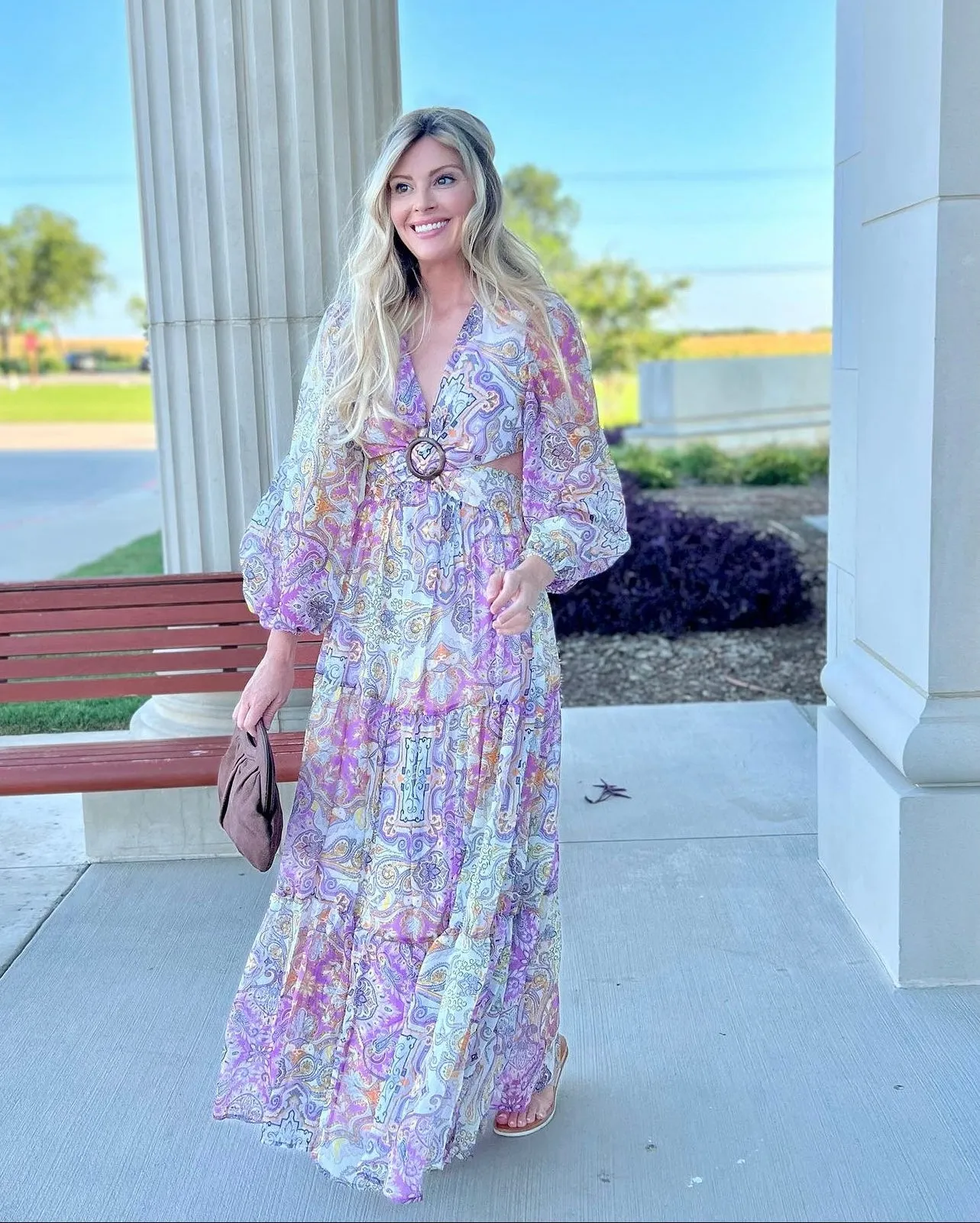 Presley Paisley Print Long Sleeve V-Neck Maxi Dress