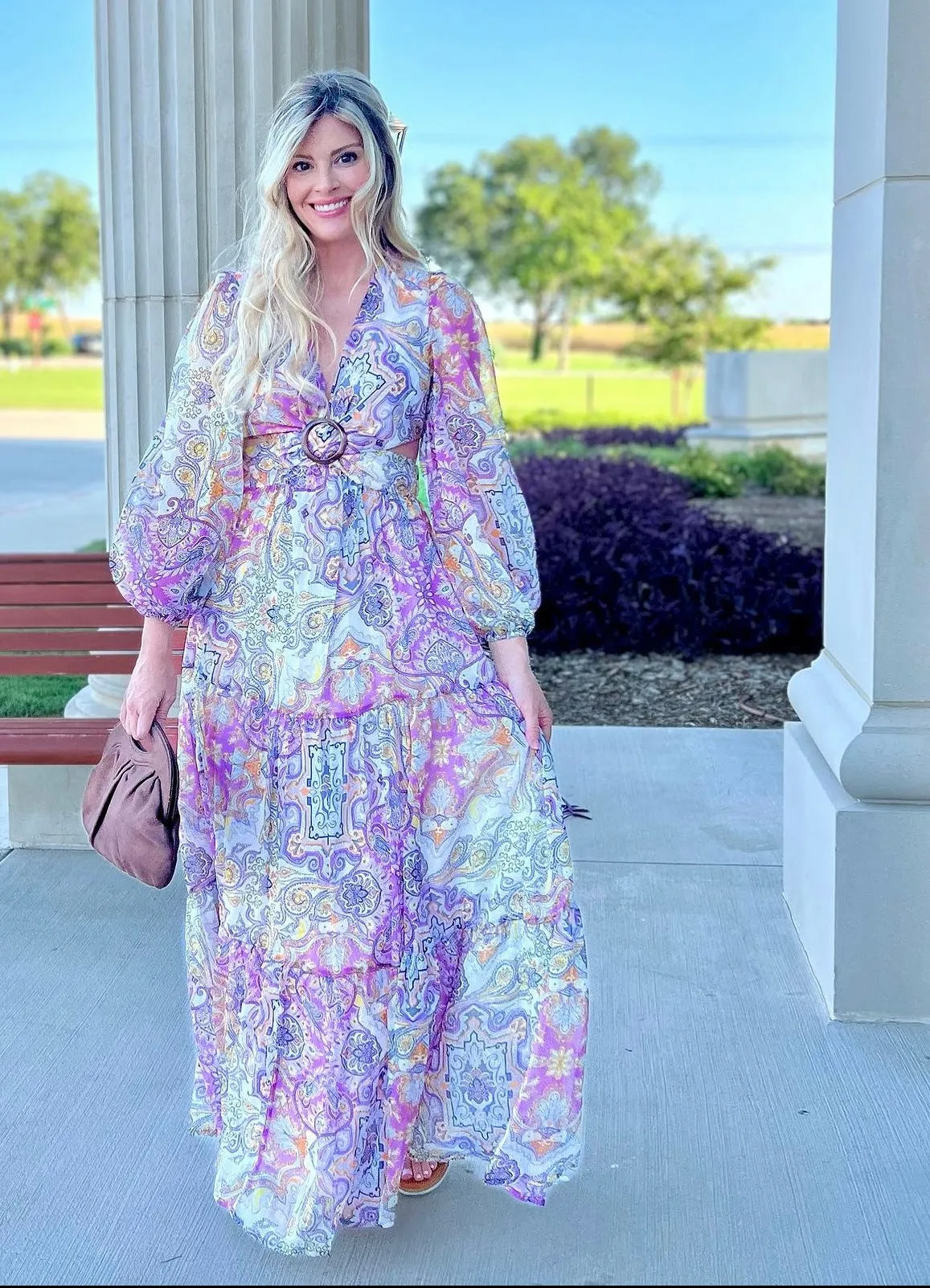 Presley Paisley Print Long Sleeve V-Neck Maxi Dress