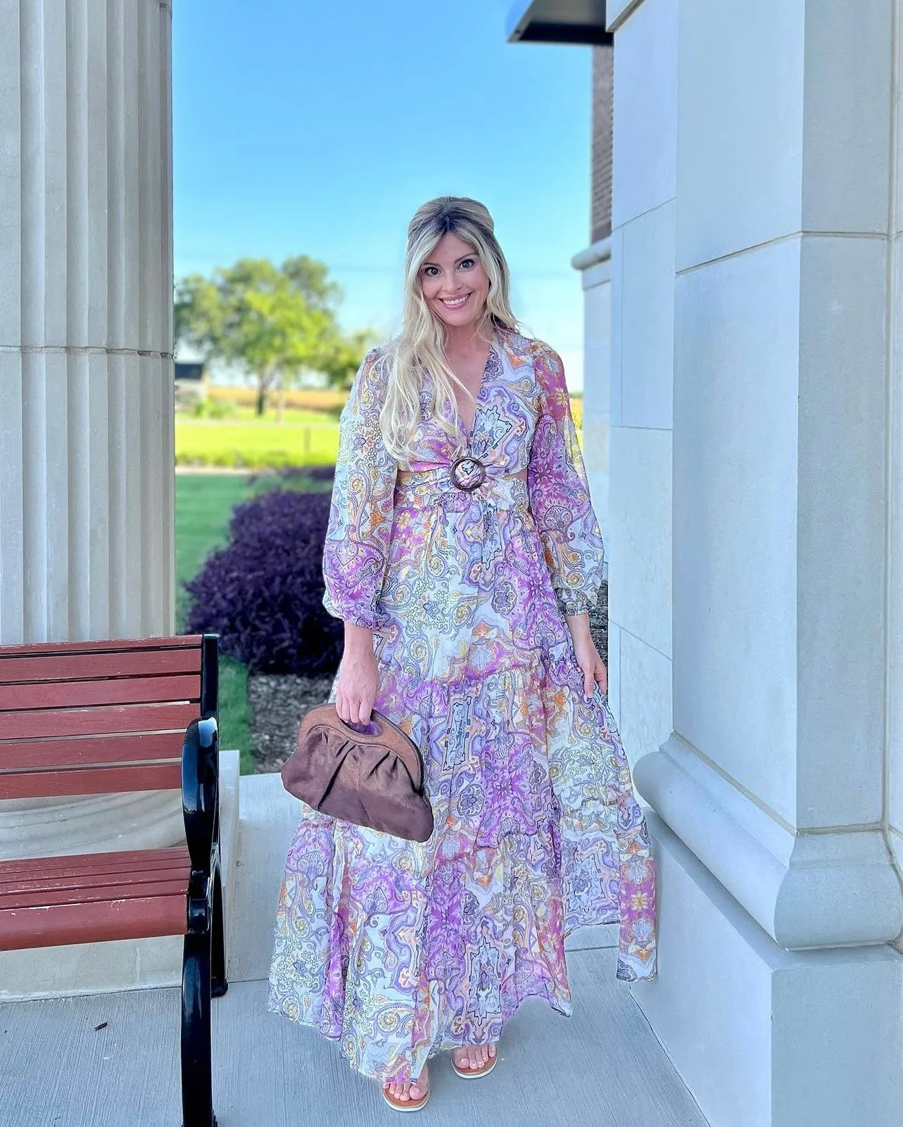 Presley Paisley Print Long Sleeve V-Neck Maxi Dress