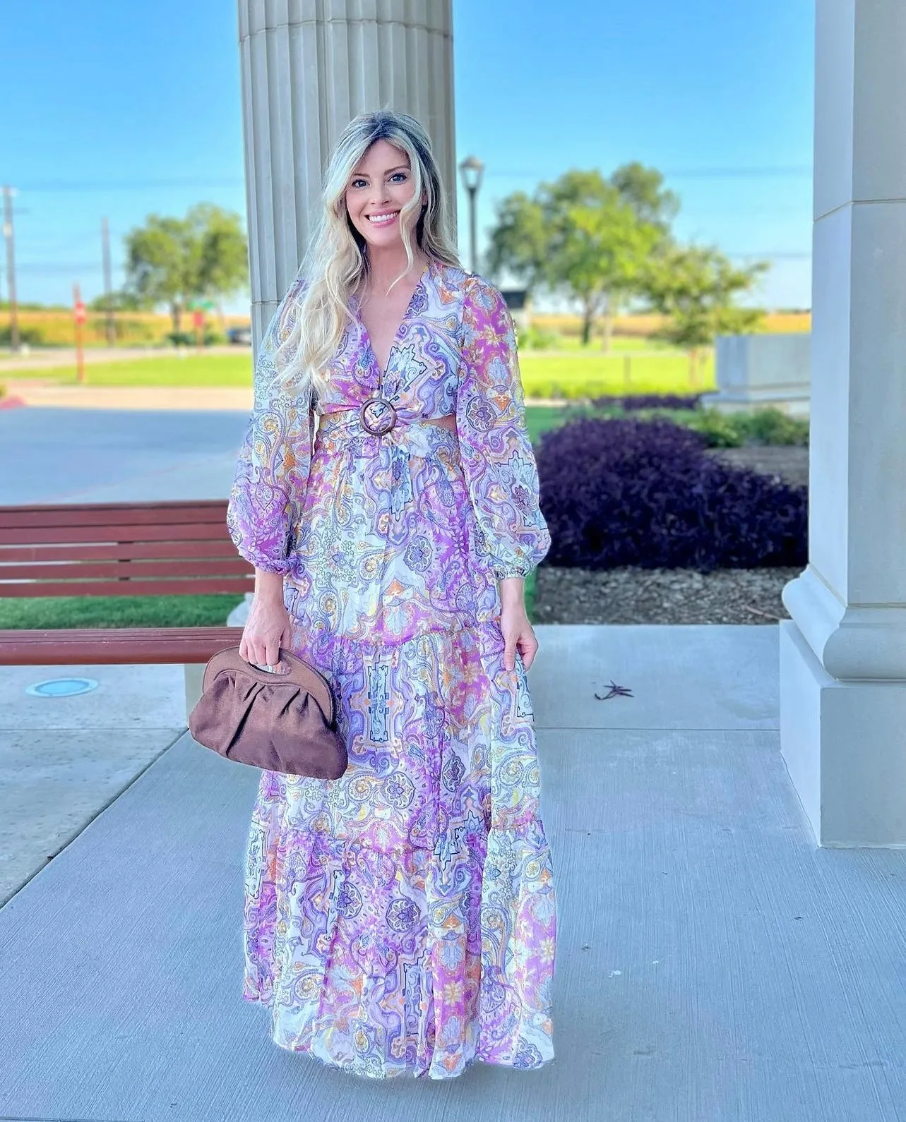 Presley Paisley Print Long Sleeve V-Neck Maxi Dress