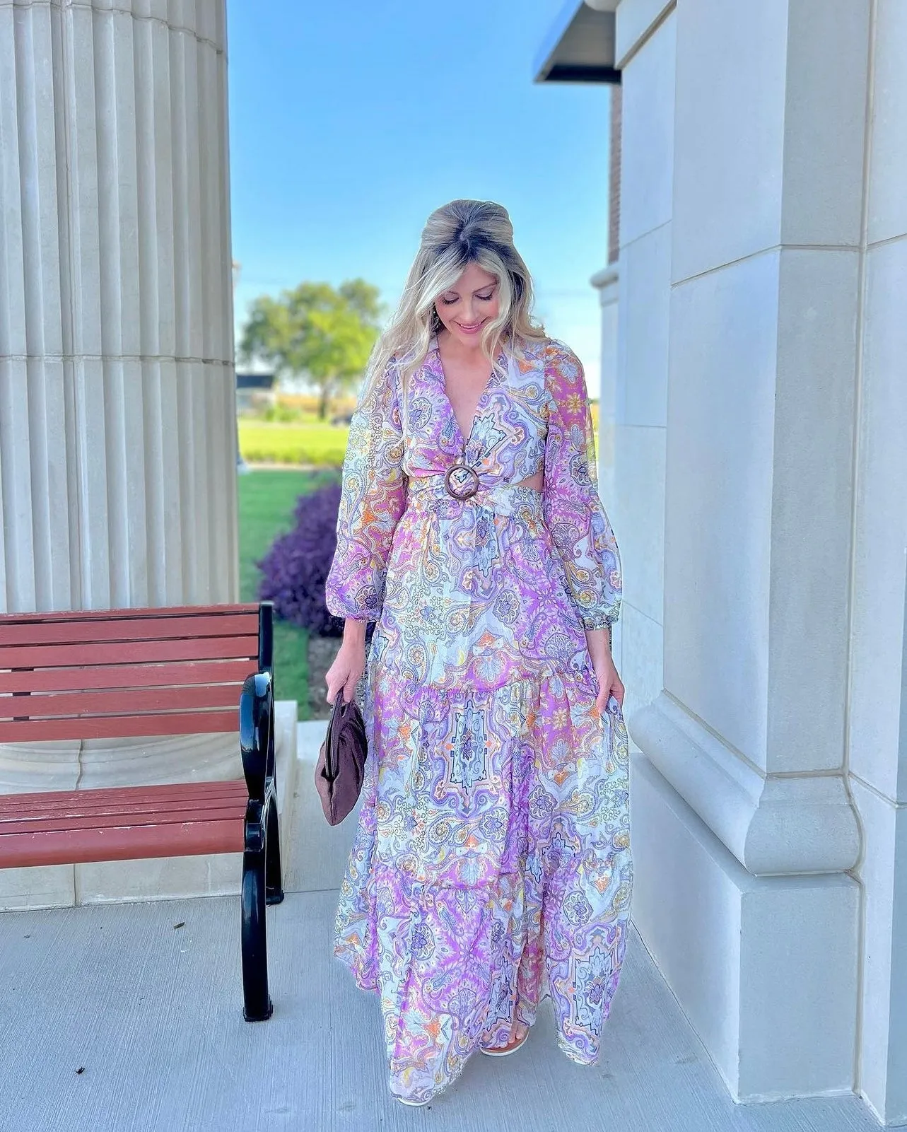 Presley Paisley Print Long Sleeve V-Neck Maxi Dress