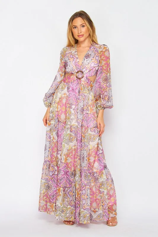 Presley Paisley Print Long Sleeve V-Neck Maxi Dress