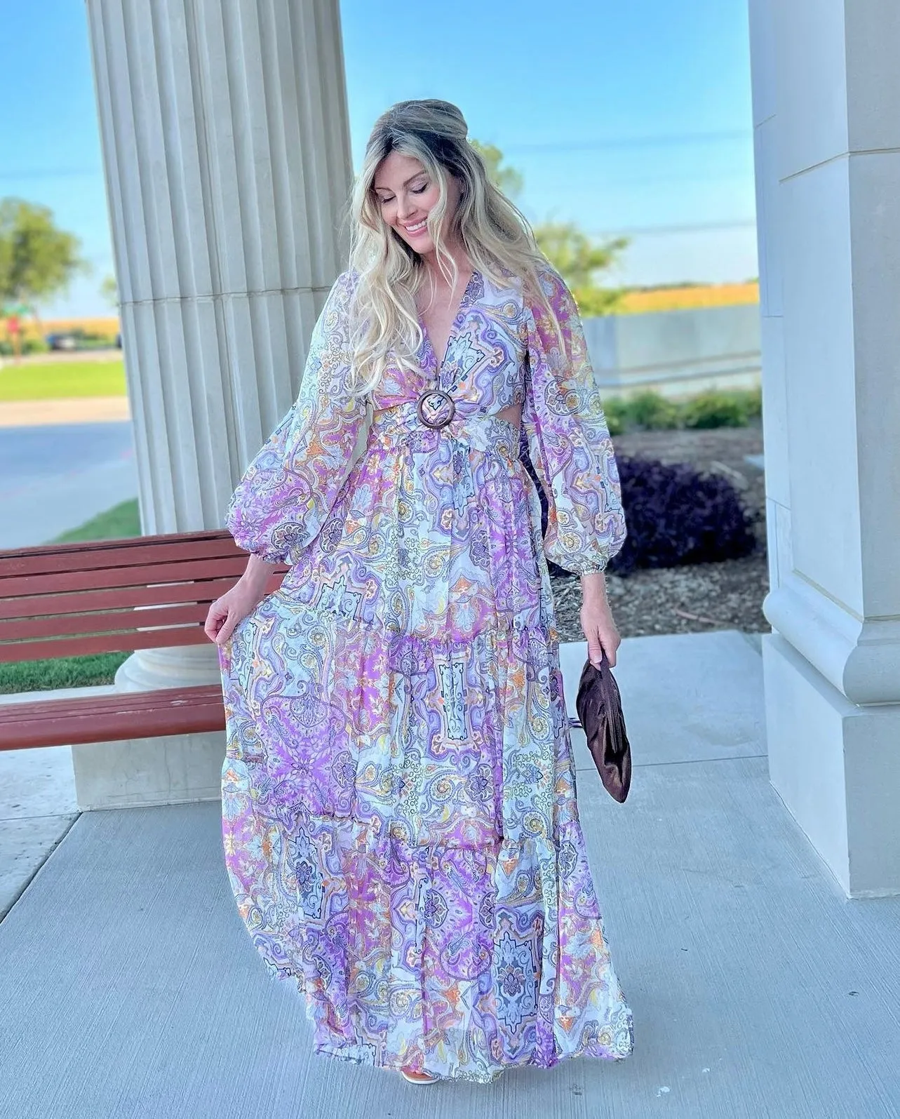 Presley Paisley Print Long Sleeve V-Neck Maxi Dress