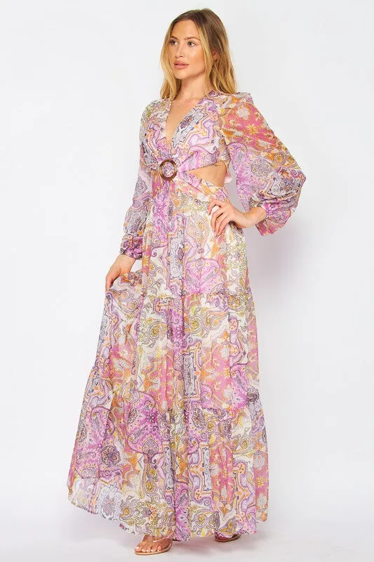 Presley Paisley Print Long Sleeve V-Neck Maxi Dress