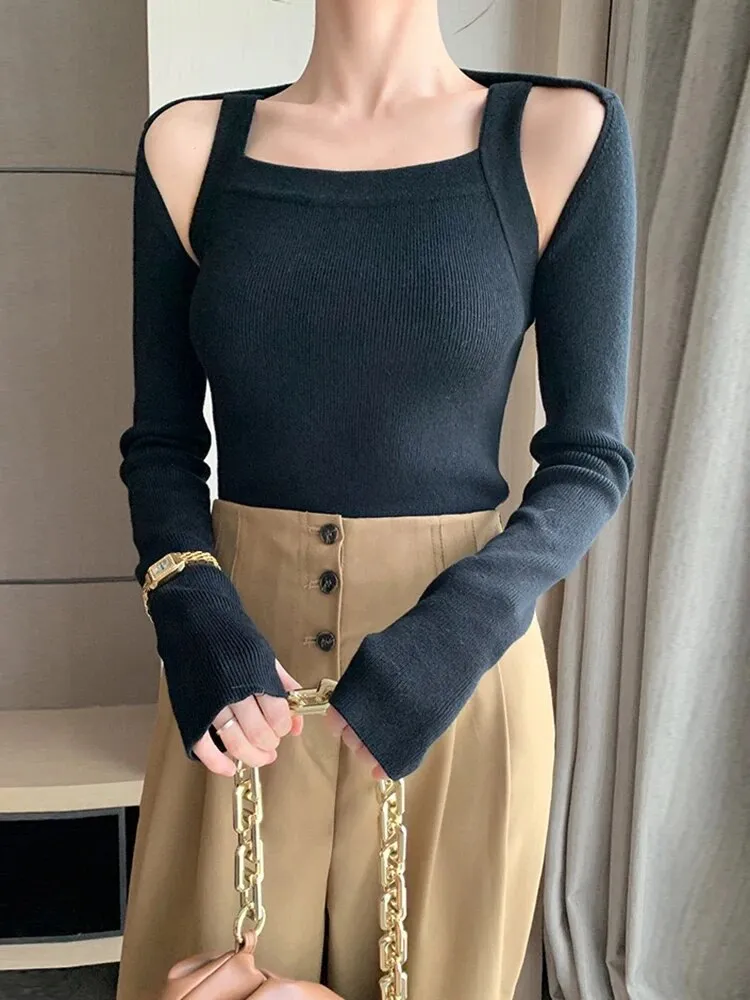 Pullover Sweaters For Women Square Collar Long Sleeve Hollow Out Slim Minimalist Sweater Female Fashion Clothes