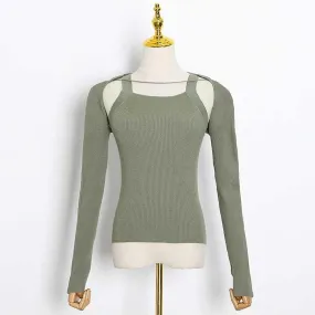 Pullover Sweaters For Women Square Collar Long Sleeve Hollow Out Slim Minimalist Sweater Female Fashion Clothes